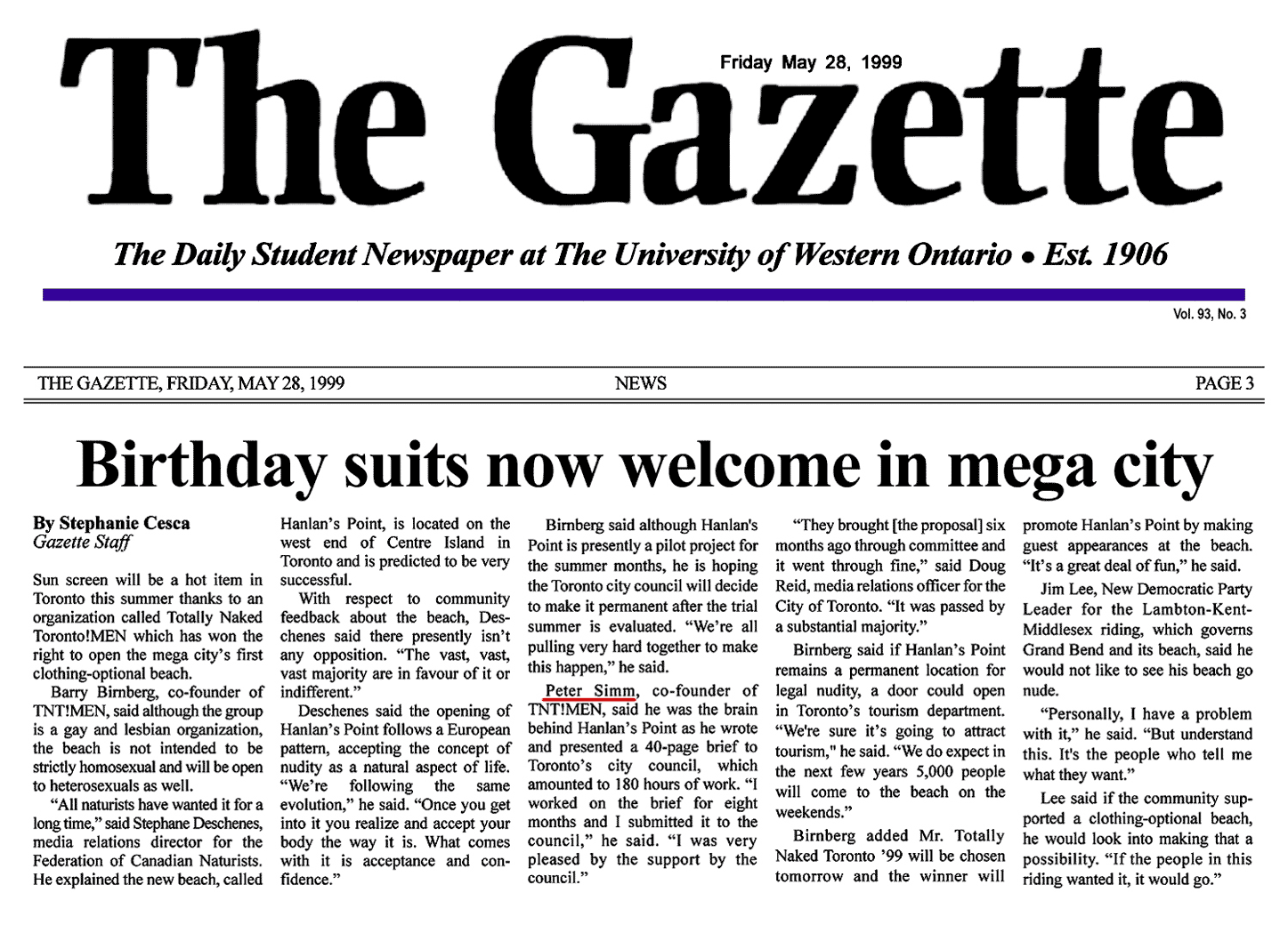 The Gazette [University of Western Ontario, London] 1999-05-28 - Toronto Council creates Hanlan's Point CO-zone